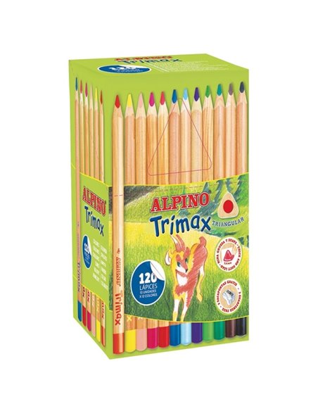Alpino Trimax Economy Pack de 120 Lapices de Couleurs Triangulares Gruesos + 2 Sacapuntas - Mina de 5.4mm - Résistant à l'eau - 
