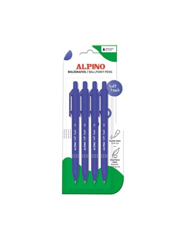 Alpino Soft Touch Pack Avec 4 Boligrafos Retractiles - Pointe 1mm - Toucher Doux - Encre Bleu - Couleur Bleu