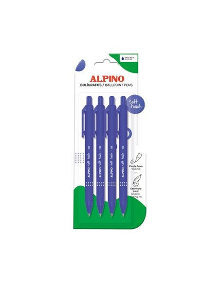 Alpino Soft Touch Pack Avec 4 Boligrafos Retractiles - Pointe 1mm - Toucher Doux - Encre Bleu - Couleur Bleu