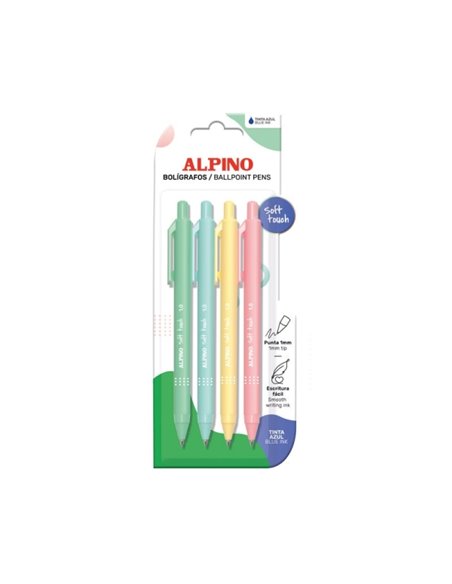 Alpino Soft Touch Pastel Pack Avec 4 Boligrafos Retractiles - Pointe 1mm - Toucher Doux - Encre Bleu - Couleurs Pastel Assortis
