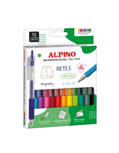 Alpino Line Gel Pack Avec 12 Boligrafos Retractiles de Encre Gel - Pointe 0.7mm - Grip de Agarre - Couleurs assorties