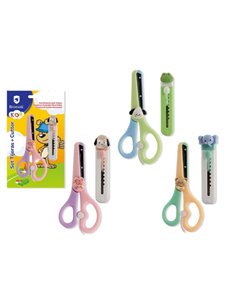 Bismark Kids Pack de Tijera Scolaire + Cuter - Mangos en Plastico - Pointe Roma - 3 Diseños Assortis