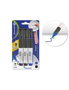 Bismark Pack de 3 Feutres Pour Tableau Blanca Avec Grip - Pointe Ronde 3mm - Couleurs Noir et Bleu