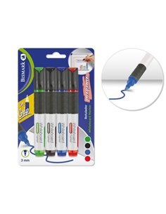 Bismark Pack de 4 Feutres Pour Tableau Blanca Avec Grip - Pointe Ronde 3mm - Couleurs assorties