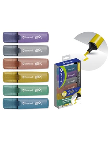 Bismark Pack de 6 Marcadores Fluorescentes Glitter Metalizados - Encre de Séchage rapide - Pointe Biselada - Idéal Pour Subrayar