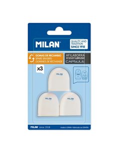 Milan Pack de 3 Gomas de Borrar de Recambio Pour Afilaborras CAPSULE - Miga de Pan - Doux - Caucho Sintetico - Couleur Blanc