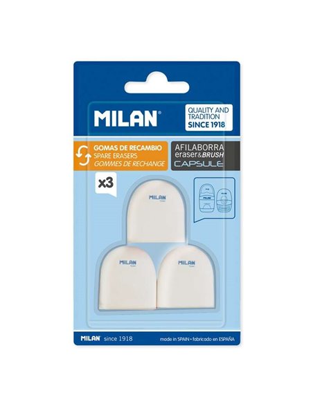 Milan Pack de 3 Gomas de Borrar de Recambio Pour Afilaborras CAPSULE - Miga de Pan - Doux - Caucho Sintetico - Couleur Blanc