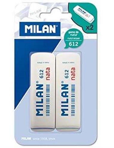 Milan Nata 612 Pack de 2 Gomas de Borrar Biseladas - Plastico - Doux - No Abrasiva - Couleur Blanc
