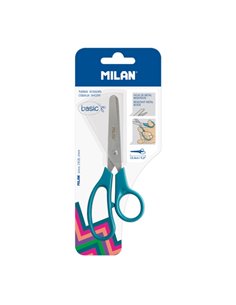 Milan Basic Blister de Ciseaux Escolares Basic Vert Azulado - Mango Ergonomique - Pointe Redondeada - Acier Inoxydable de 13.4cm