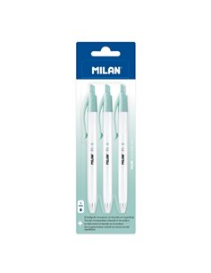 Milan P1 + Pack de 3 Boligrafos de Bola Retractiles - Encre Bleu - Pointe Ronde 1mm - Superficie Antibacteriana - Couleur Blanc