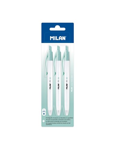 Milan P1 + Pack de 3 Boligrafos de Bola Retractiles - Encre Bleu - Pointe Ronde 1mm - Superficie Antibacteriana - Couleur Blanc