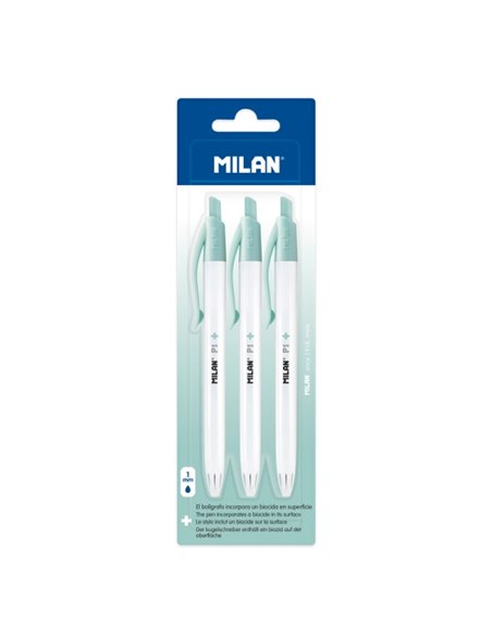 Milan P1 + Pack de 3 Boligrafos de Bola Retractiles - Encre Bleu - Pointe Ronde 1mm - Superficie Antibacteriana - Couleur Blanc