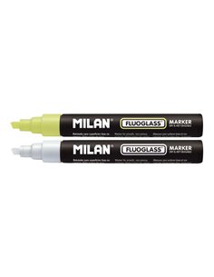 Milan Fluoglass Pack de 2 Feutres Pour Superficies Lisas - Pointe Biselada - Trait de 2 à 4mm - Encre al Eau - Borrado Facile - 