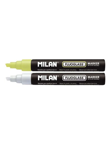 Milan Fluoglass Pack de 2 Feutres Pour Superficies Lisas - Pointe Biselada - Trait de 2 à 4mm - Encre al Eau - Borrado Facile - 