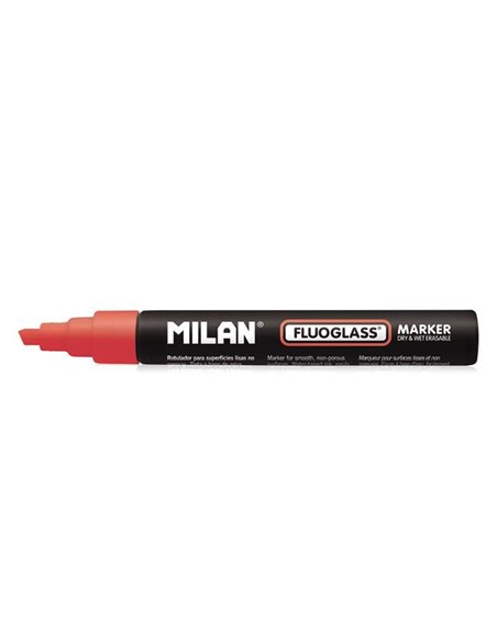 Milan Fluoglass Feutre Superficies Lisas - Pointe Biselada - Trait de 2 à 4mm - Encre al Eau - Borrado Facile - Couleur Rouge