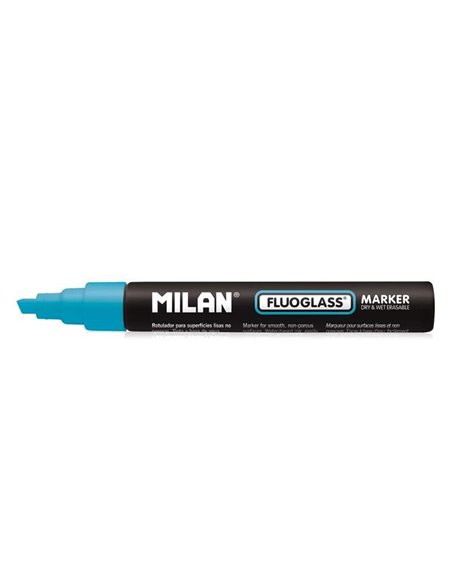 Milan Fluoglass Feutre Superficies Lisas - Pointe Biselada - Trait de 2 à 4mm - Encre al Eau - Borrado Facile - Couleur Bleu