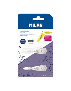 Milan Acid Pack de 2 Recambios Pour Ruban Correctora Avec Pulsador - Presentacion en Blister - 5mm x 6m - Couleur Blanc