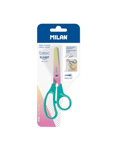 Milan Basic Sunset Ciseaux de 13.4cm - Mango Ergonomique - Pointe Redondeada - Feuille de Acier Inoxydable - Couleur Turquoise