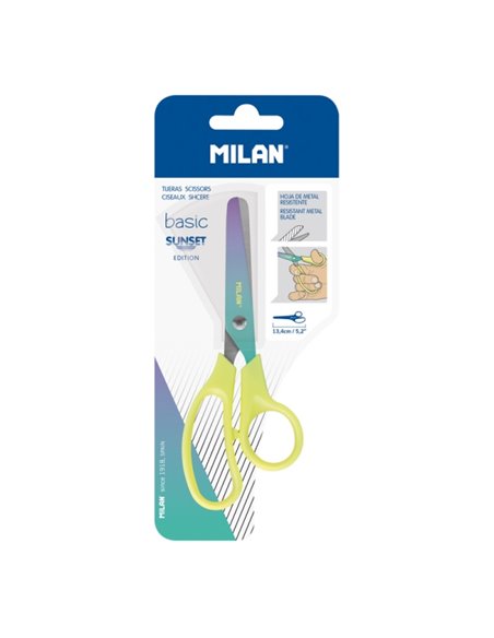 Milan Basic Sunset Ciseaux de 13.4cm - Mango Ergonomique - Pointe Redondeada - Feuille de Acier Inoxydable - Couleur Jaune