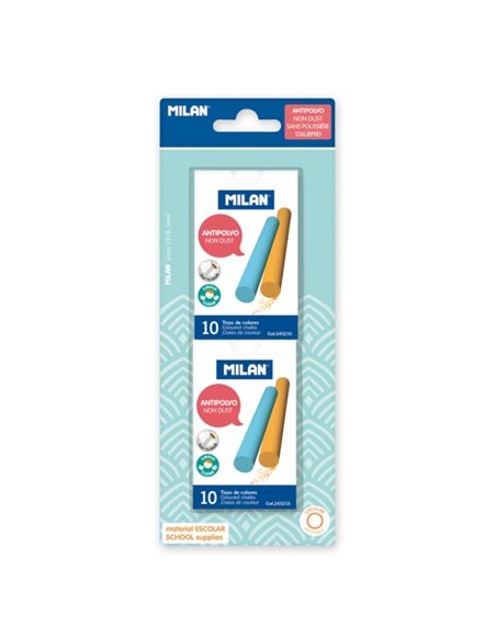 Milan Pack de 2 Cajas Avec 10 Tizas de Couleurs - Carbonato de Calcio - Redondas - Antipolvo - No Contienen Caseina Ni Yeso - Co