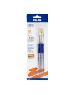 Milan 526 Pack de 3 Pinceles Planos - Formatos Assortis - Cerda Natural - Mango Ergonomique de Plastico - Couleur Blanc