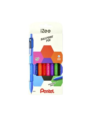 Pentel iZee Pack de 8 Boligrafos de Bola Retractiles - Pointe 0.7mm - Trait 0.35mm - Clip de Metal - Couleurs assorties