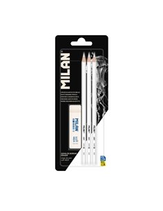 Milan Pack de 3 Lapices + 1 Goma Pour Dibujo - Mina Blanca Pour Papier Foncé - Miga de Pan Flexible - Couleur Blanc