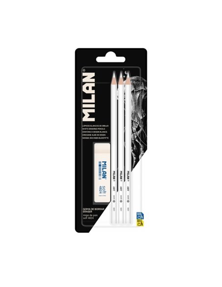 Milan Pack de 3 Lapices + 1 Goma Pour Dibujo - Mina Blanca Pour Papier Foncé - Miga de Pan Flexible - Couleur Blanc