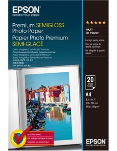 Epson Premium Semiglossy Photo Pack de 20 Feuilles de Papier Fotografico - A4 - Gramaje de 251g/m2 - Acabado Semibrillante - Com