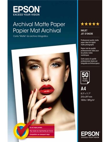 Epson Archival Matte Pack de 50 Feuilles de Papier Fotografico - A4 - Gramaje de 192g/m2 - Acabado Mate - Compatible Avec Impres