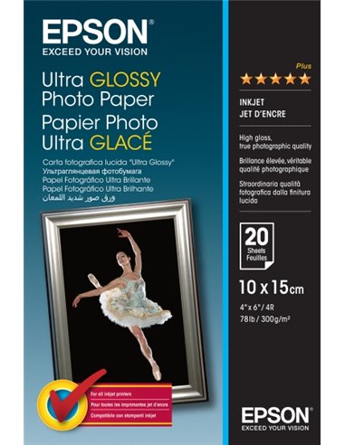 Epson Ultra Glossy Photo Pack de 20 Feuilles de Papier Fotografico - 10x15cm - Gramaje de 300g/m2 - Acabado Brillante - Compatib