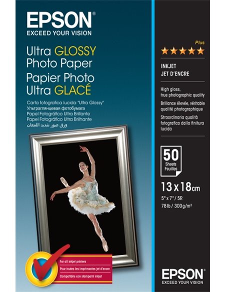 Epson Ultra Glossy Photo Pack de 50 Feuilles de Papier Fotografico - 13x18cm - Gramaje de 300g/m2 - Acabado Brillante - Compatib