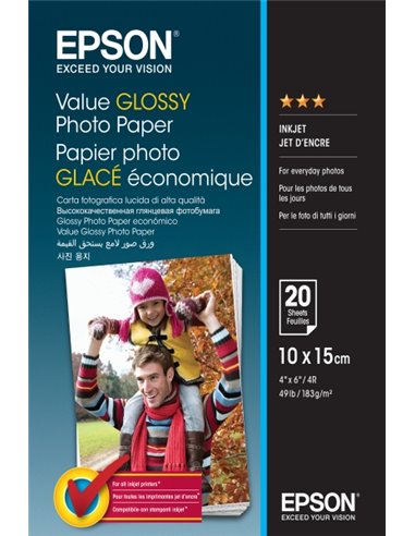 Epson Value Glossy Photo Pack de 20 Feuilles de Papier Fotografico - 10x15cm - Gramaje de 183g/m2 - Acabado Brillante - Compatib