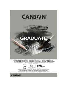 Canson Graduate Mix Media Bloc Encolado de 30 Feuilles A5 - 220g - Grano Fino - Couleur Gris
