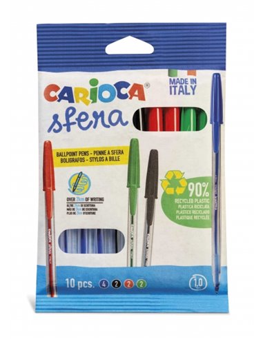 Carioca Sfera Flowpack Pack de 10 Boligrafos - Pointe Ø 1mm - Capuchon et Retro du Couleur de la Encre - Escritura Super Desliza