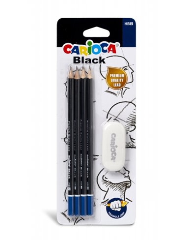 Carioca Blister de 4 Lapices de Grafito Black HB + Goma - Faciles de Borrar et Sacar Pointe - Corps Triangular Agréable al Touch