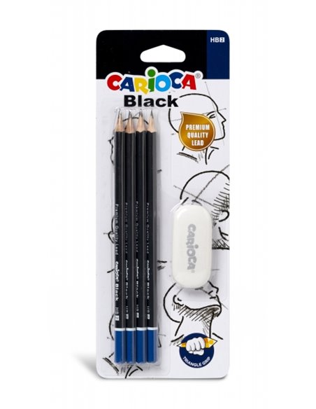 Carioca Blister de 4 Lapices de Grafito Black HB + Goma - Faciles de Borrar et Sacar Pointe - Corps Triangular Agréable al Touch