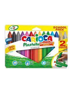 Carioca Plastello Maxi Pack de 12+2 Plasticeras Triangulares - Brillantes et Lavables - Couleurs assorties