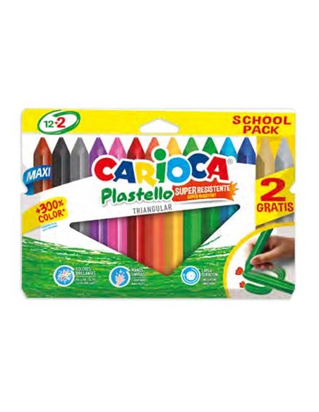 Carioca Plastello Maxi Pack de 12+2 Plasticeras Triangulares - Brillantes et Lavables - Couleurs assorties