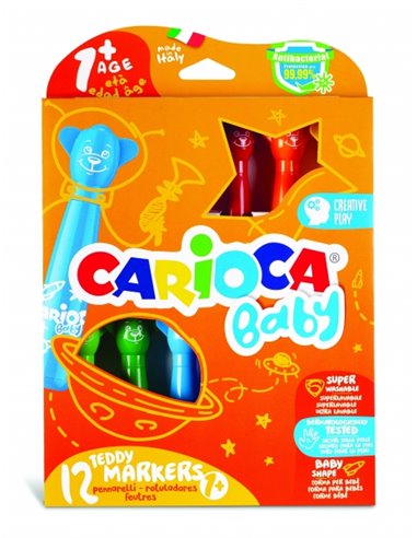 Carioca Baby Teddy Pack de 12 Feutres - Super Seguros - Forma Ergonomica - Encre Superlavable - Dermatologicamente Testados - Co