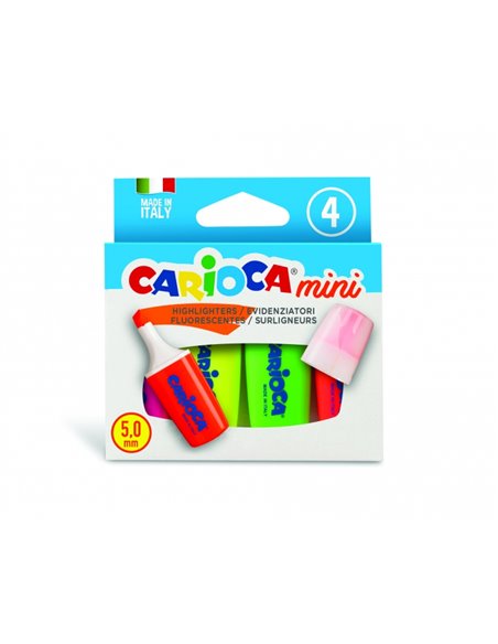 Carioca Minilight Pack de 4 Subrayadores - Pointe Biselada de 5mm - Brillantes et Lavables - Encre à Base de Eau - Couleur Vario