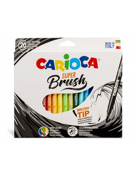 Carioca Super Brush Pack de 20 Feutres - Pointe Pincel Doux et Flexible - Encre Lavable - Couleurs Super Brillantes - Perfecto P