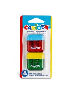 Carioca Pack de 2 Minisacapuntas de 2 Orificios Avec Deposito - Tapon de Sécurité en la Cuchilla - Couleurs Aléatoires Assortis