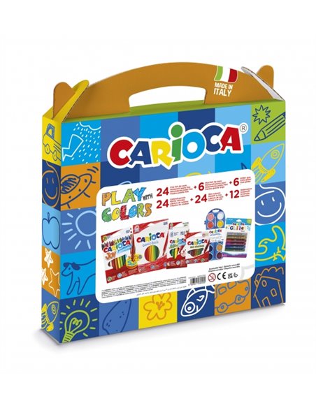 Carioca Play + Colors Pack Maletin de Plastico - 18 Lapices de Couleurs - 12 Acuarelas - 6 Feutres Jumbo Pointe Maxi - 4 Feutres