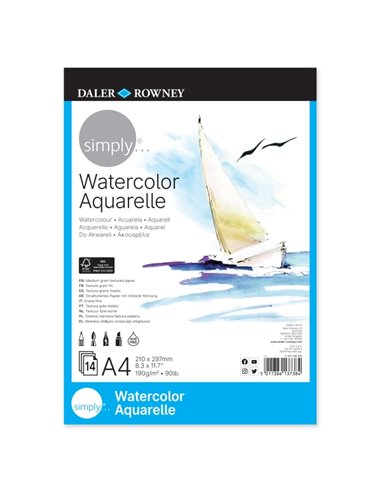 Daler Rowney Simply Bloc Encolado Pour Acuarela - A4 - 190g - 14 Feuilles - Couleur Blanc