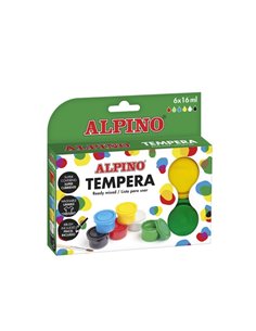 Alpino Pack Avec 6 Botes de Tempera 16ml + Pincel - Supercubriente et Lavable - Couleurs assorties