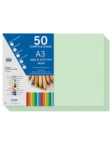 Dohe Pack de 50 Cartulinas A3 de 180gr - Avec PH Neutro - Libres de Cloro Elemental - Couleur Vert Alface