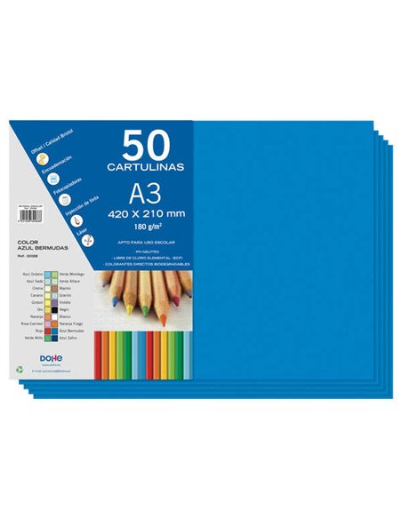 Dohe Pack de 50 Cartulinas A3 de 180gr - Avec PH Neutro - Libres de Cloro Elemental - Couleur Bleu Bermudas