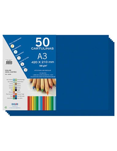 Dohe Pack de 50 Cartulinas A3 de 180gr - Avec PH Neutro - Libres de Cloro Elemental - Couleur Bleu Zafiro