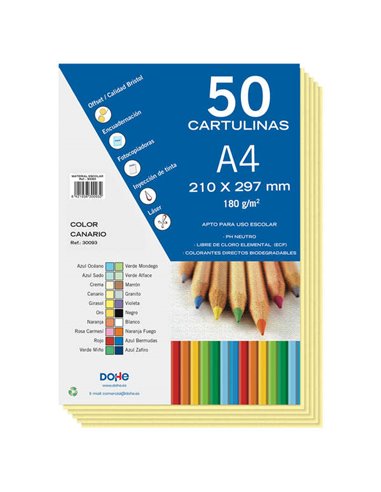 Dohe Pack de 50 Cartulinas A4 de 180gr - Avec PH Neutro - Libres de Cloro Elemental - Couleur Jaune Canario